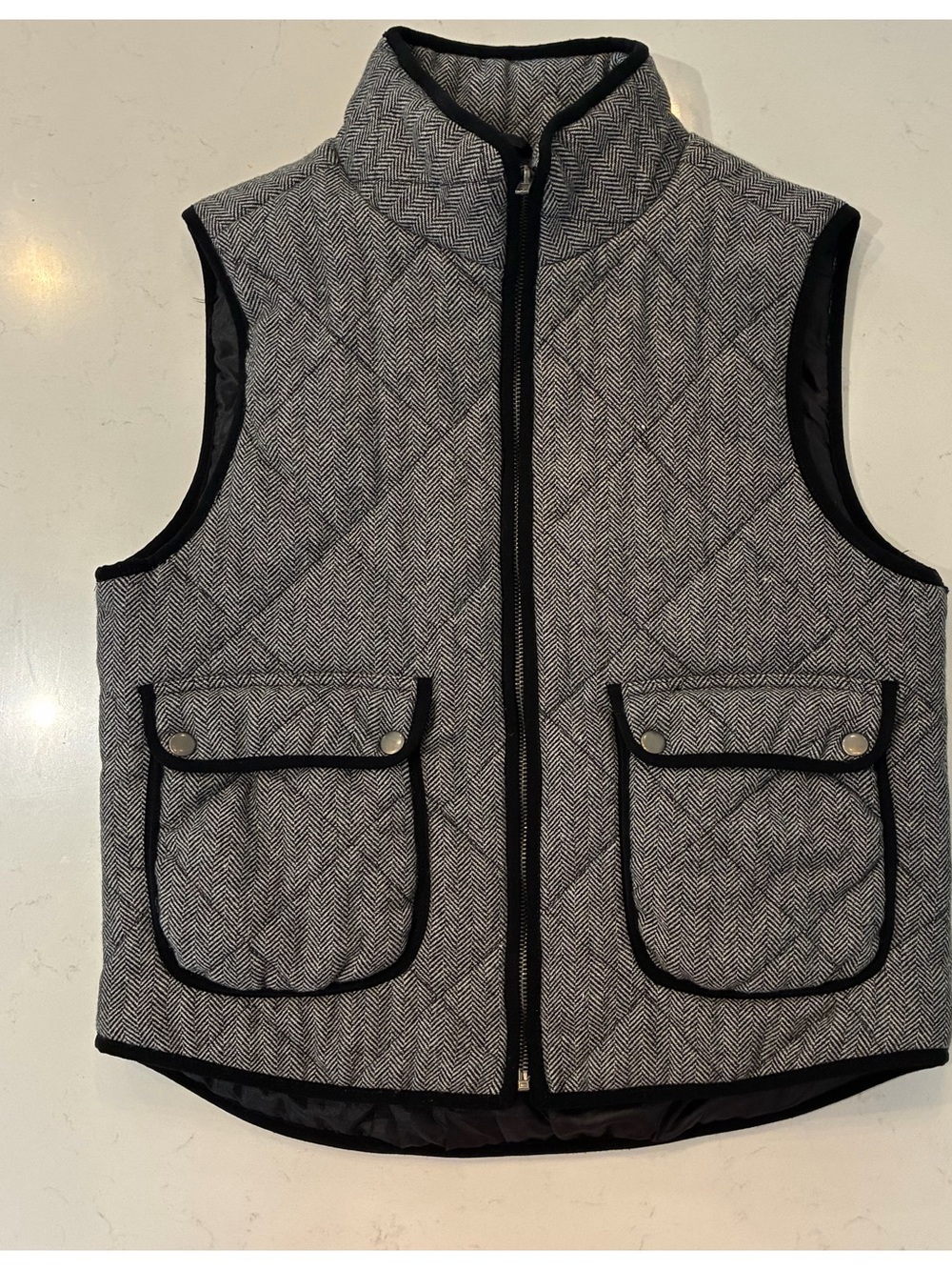 Altar'd State Gray Herringbone Quilted Vest with Black Trim